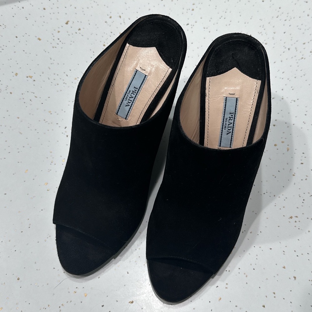 Authentic PRADA Women's Black Suede Wedge Peep Toe Mules